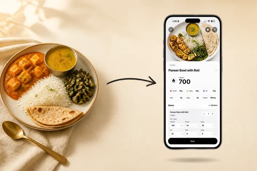 A thali of paneer, dal, rice and roti beside Macroh reading 700 calories off it